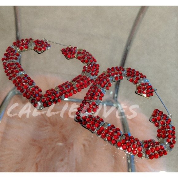 Miz Big Heart: Red Rhinestone MaryJ Bling Bamboo 80s Vintage Style Retro Earring - Picture 3 of 9